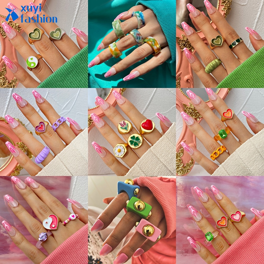 Cincin Resin Warna-warni Korea Set Fashion Aksesoris Perhiasan