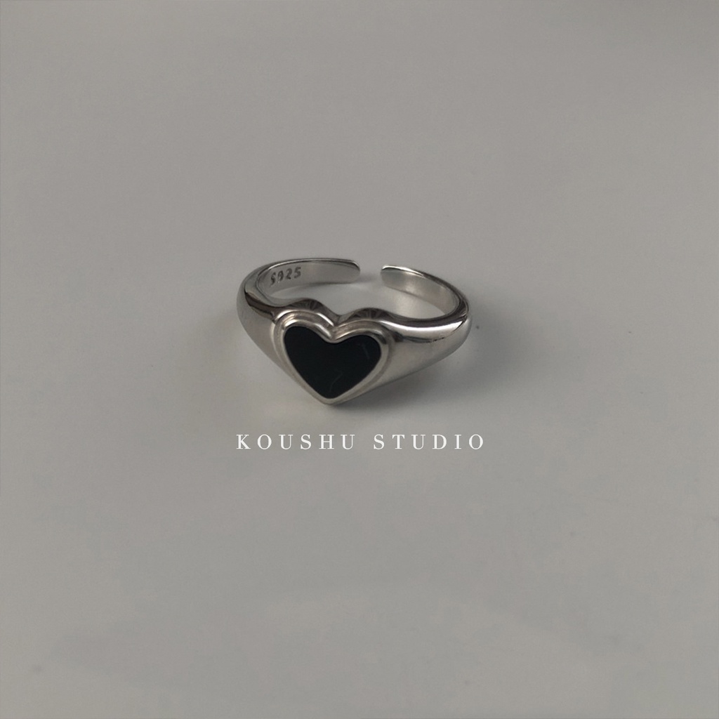 Cincin Bentuk Hati Warna Hitam Gaya Retro Harajuku Korea