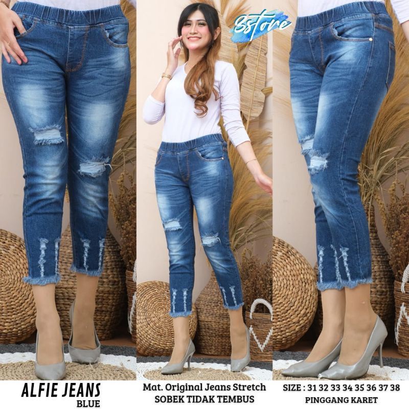 Jegging Jeans Wanita Sobek Lapis Legging 35-38 Jumbo