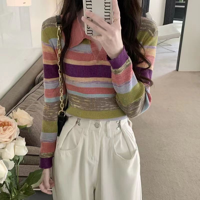 Knitwear Korean Style Stripe V-neck Knit Top Wanita Lengan Panjang