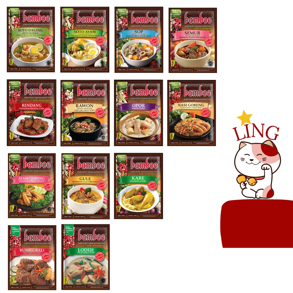 

Bamboe Bumbu All Varian ( Rendang, Rawon, Soto Ayam, Soto Daging, Sop, Kare, Semur, Lodeh, Nasi Goreng, Ayam Goreng, Opor, Gule, Bali)