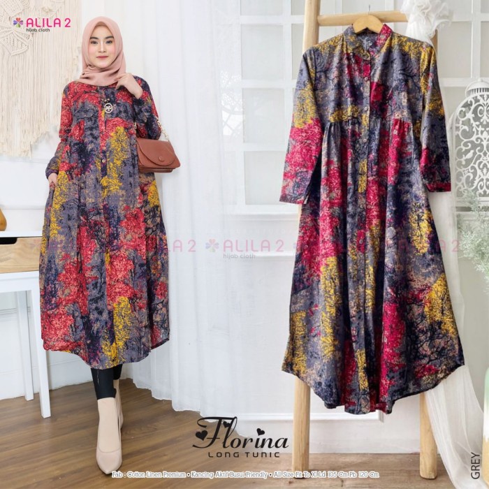 long tunik wanita terbaru florina mat katun linen motif abstrak-alila