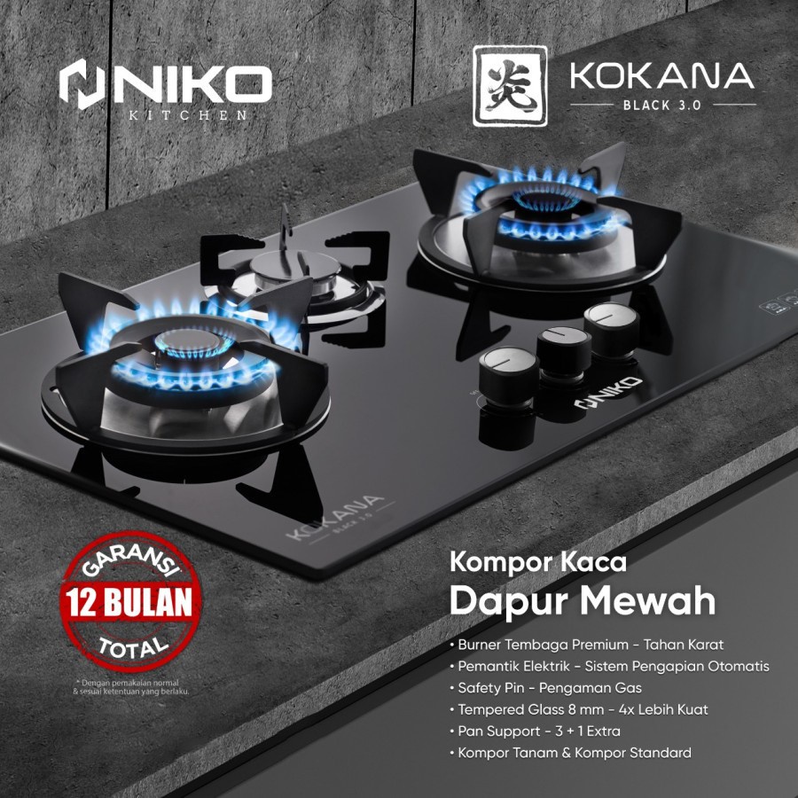 Niko KOKANA Kompor Tanam BLACK 3.0 Kompor Gas Tampered Glass