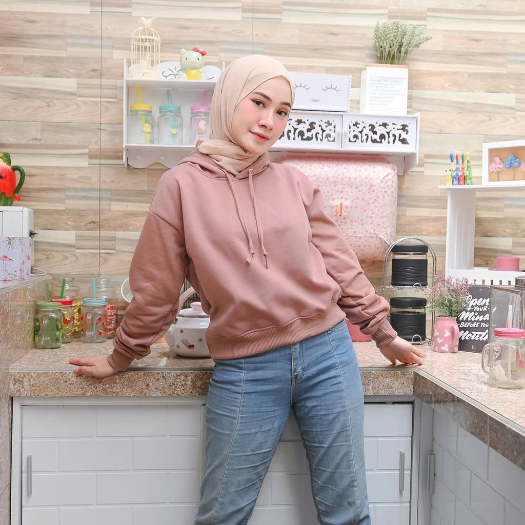 Hoodie Crop Bella - Allsize - Bahan Fleece - Wanita