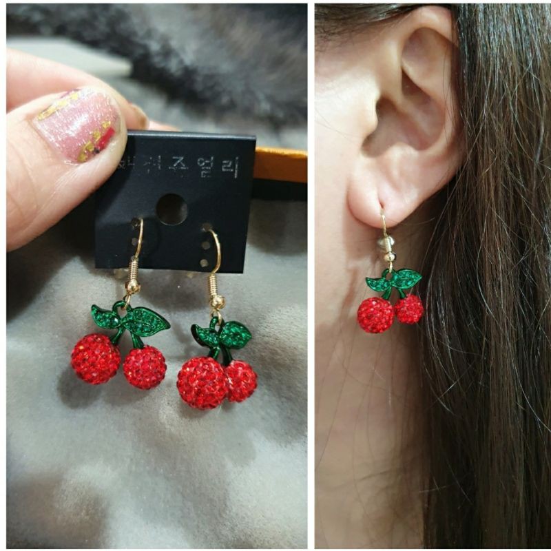 Anting Silver925 mata kilau bahan Silver925 perak platgold Anti karat giwang mata kilau cherry