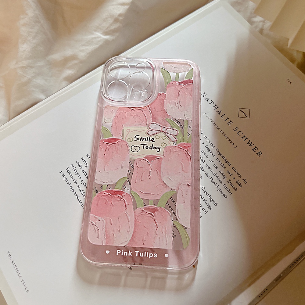 Soft Case TPU Transparan Motif Lukisan Cat Minyak Tulip Pink Untuk Iphone 7 8 PLUS X XR XS 11 12 13 14 Mini PRO MAX SE 2020