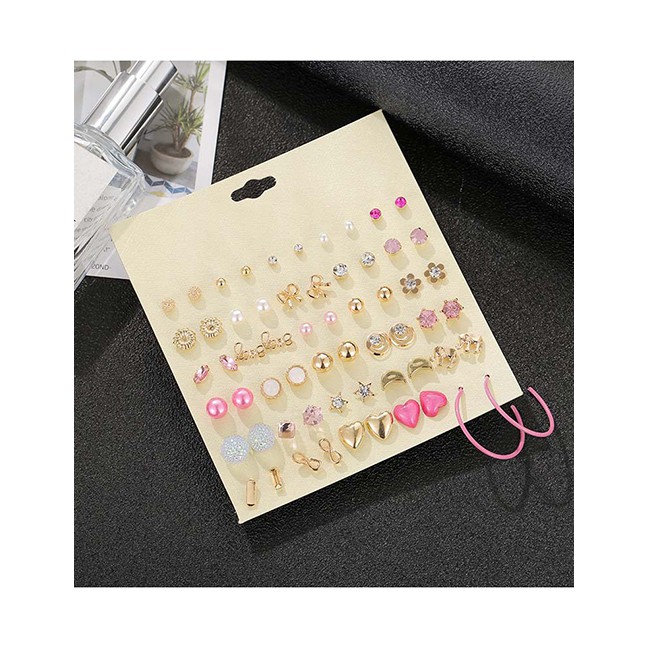 LRC Anting set Fashion Pink Elephant Star Moon Earring Set With Diamond Love Bow D76894