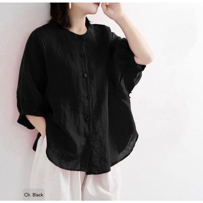 Baju Blouse Wanita Bahan Katun Linen Premium kerah Shanghai lengan 3/4