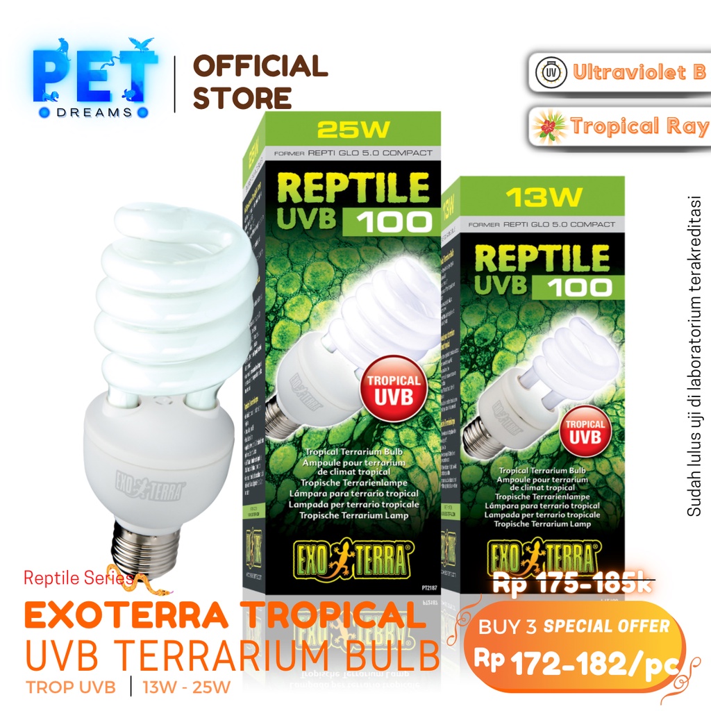 PROMO LAMPU UVB 100 EXOTERRA TROPICAL TERRARIUM CALCIUM BULB REPTIL TROPIS TORTO KURA IGUANA