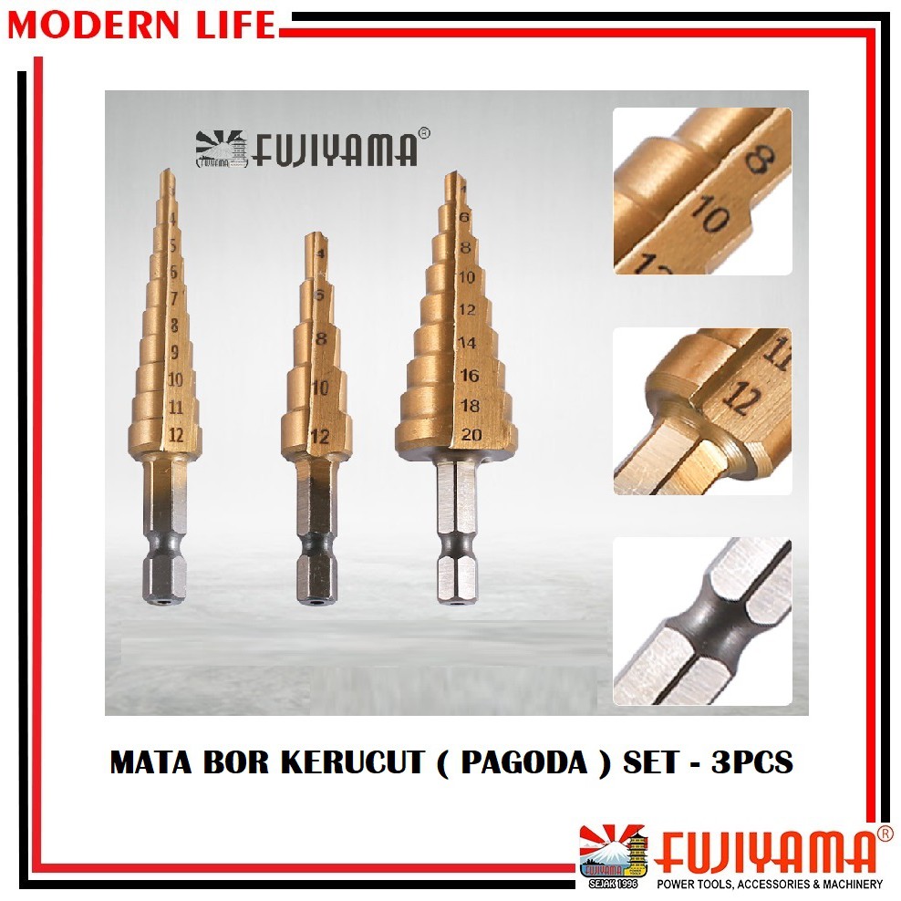 Mata Bor Spiral 3pcs / Mata Bor Kerucut / Mata Bor Pagoda ( SEMUA UKURAN )