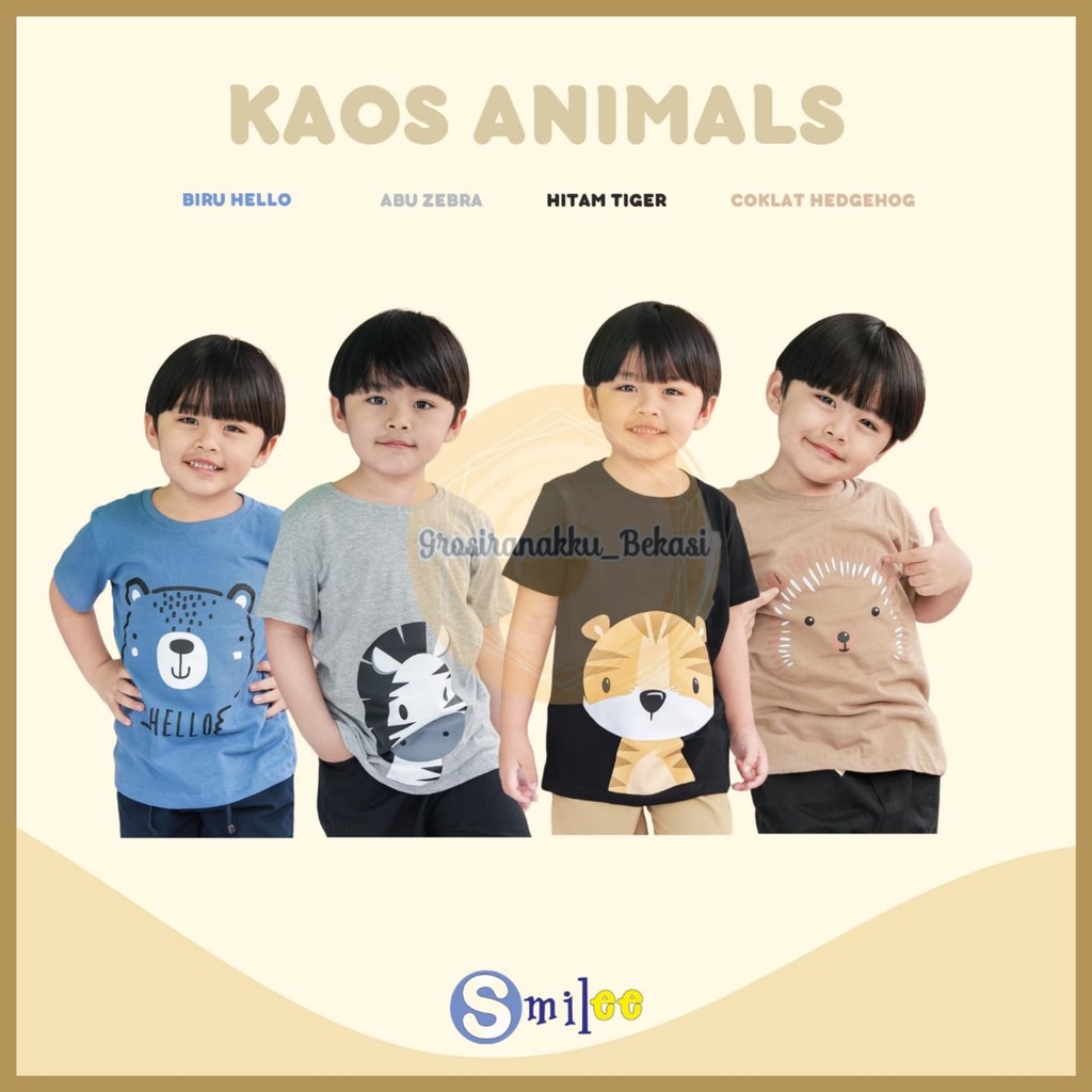 Kaos Anak Cowok Smile Murah Animals Mix Motif Size 1-5Th