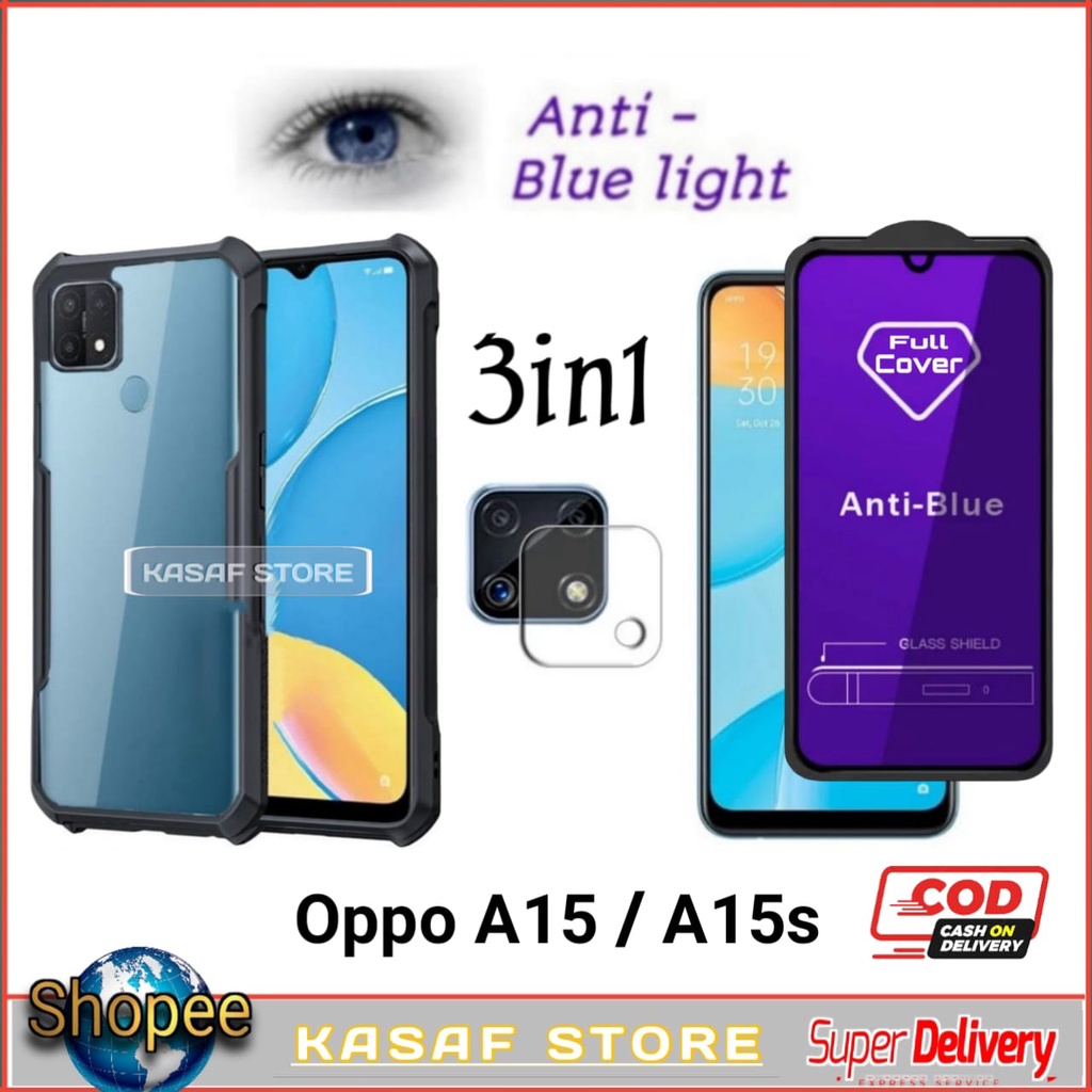 PAKET 3 IN 1 Case Oppo A15 A15S Hardcase Transparant SoftCase  Antigores Kaca Anti Bluelight Tempere