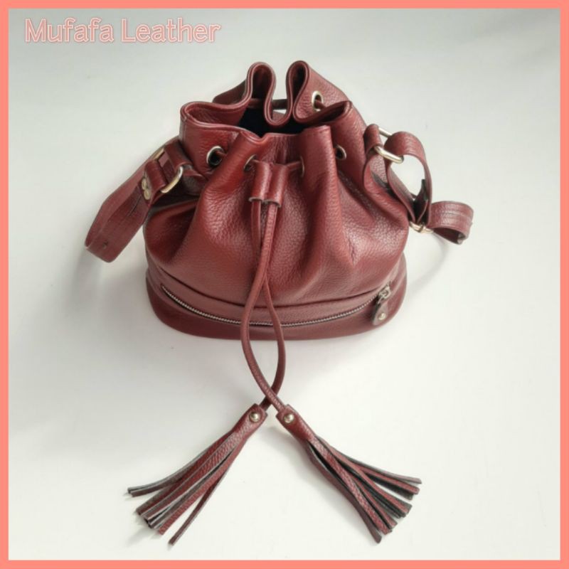 Mufafa Leather Tas selempang wanita Kulit Sapi Asli Serut