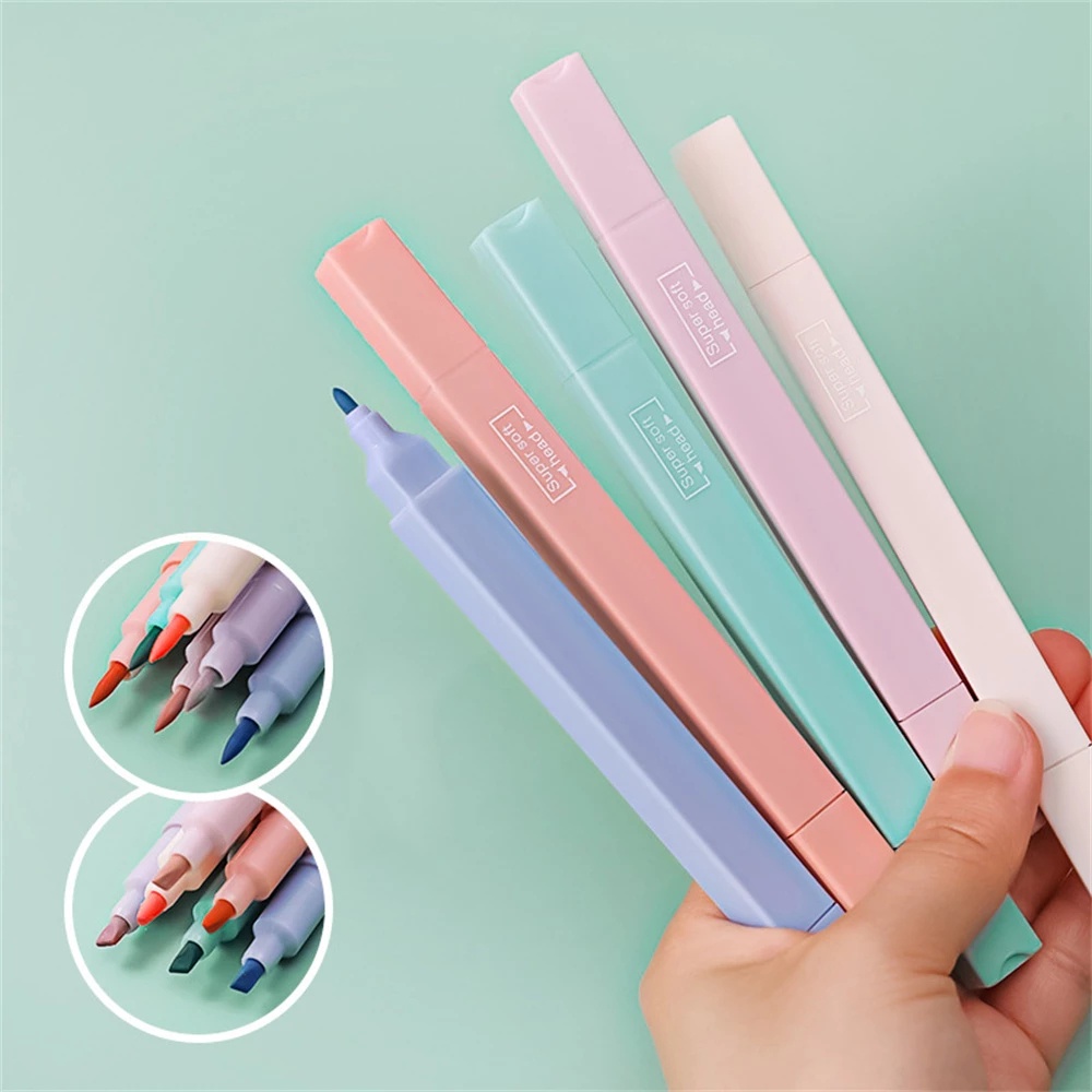 6pcs / Set Spidol Highlighter Ujung Ganda Warna Permen Untuk Jurnal / Album Foto Diy