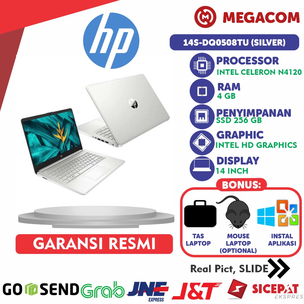 Laptop HP 14s DQ0508TU Celeron N4120 RAM 4GB SSD 256GB Layar 14" Slim Windows 11 Backlight NEW