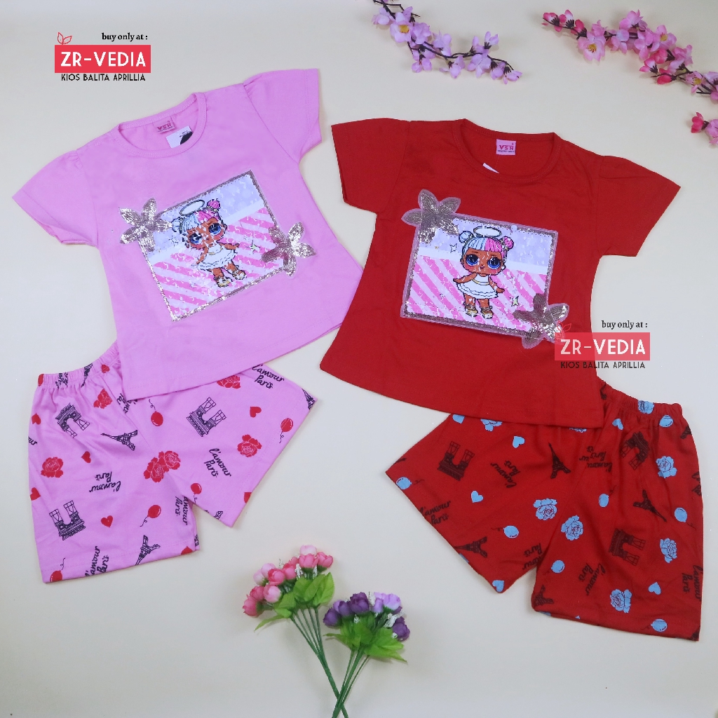 Setelan Queena uk 1-6 Tahun / High Quality Baju Anak Perempuan Lengan Kartun Pendek Cewek Kaos Usap