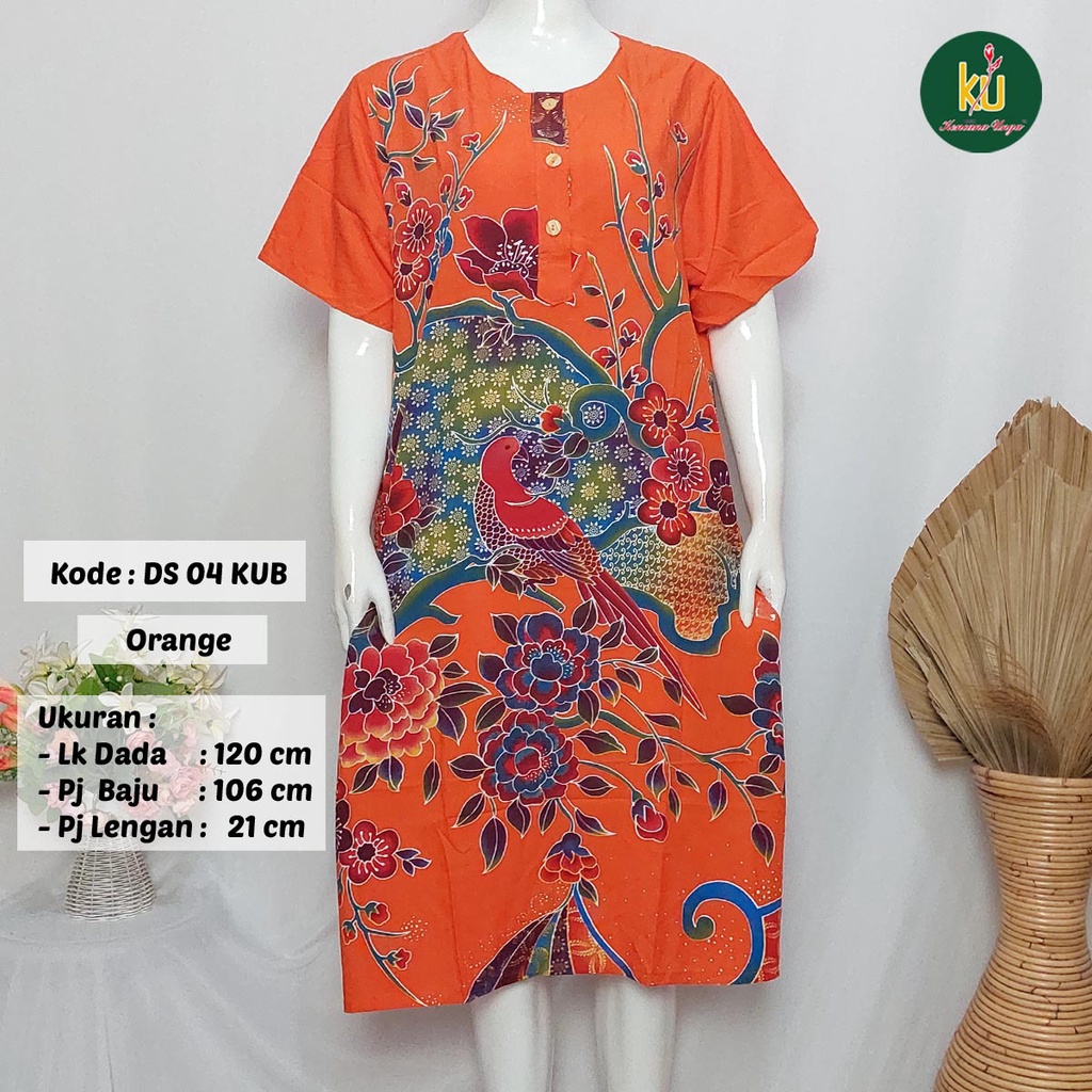 COD DS04 KUB | Daster Batik Kencana Ungu Asli Label Biru Uk. Jumbo LD 120 cm | Baju Santai Tidur Wanita Dewasa Kancing Depan Busui Friendly Motif Terbaru-Orange I