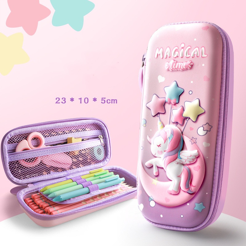 Kotak Pensil Tiga Lapis Motif Unicorn 3D Bahan EVA Kapasitas Besar Untuk Anak Sekolah