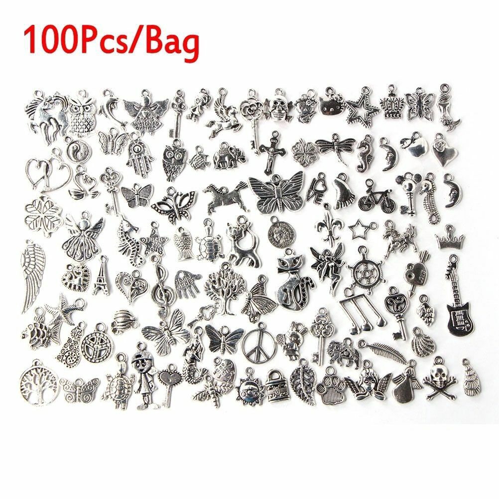 100 Pcs Liontin Kalung/Gelang Aneka Model Warna Silver Tibet untuk Membuat Perhiasan DIY