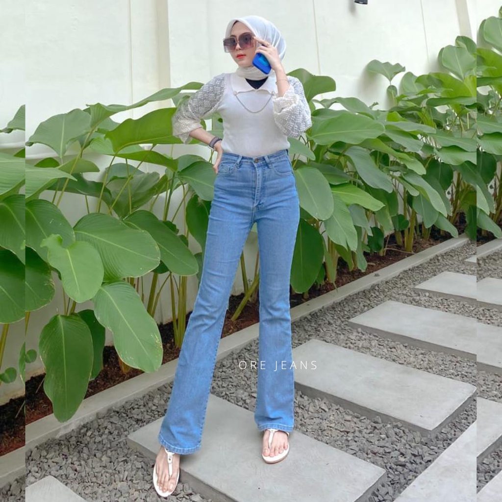 ORE - Celana Cutbray Jeans Highwaist Polos Panjang Wanita - Auto Slim