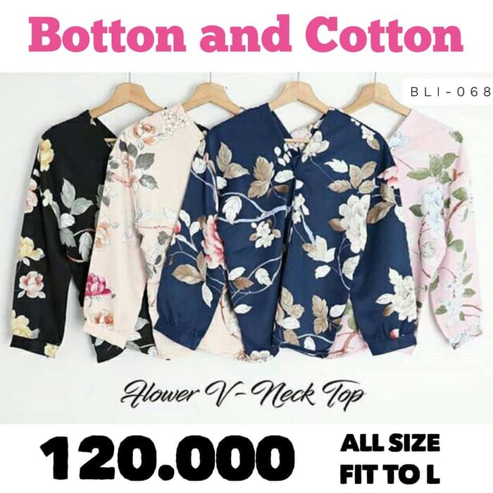 BARU Baju Atasan Wanita Blouse V-Neck Floral bahan Maxmara Premium - Navy