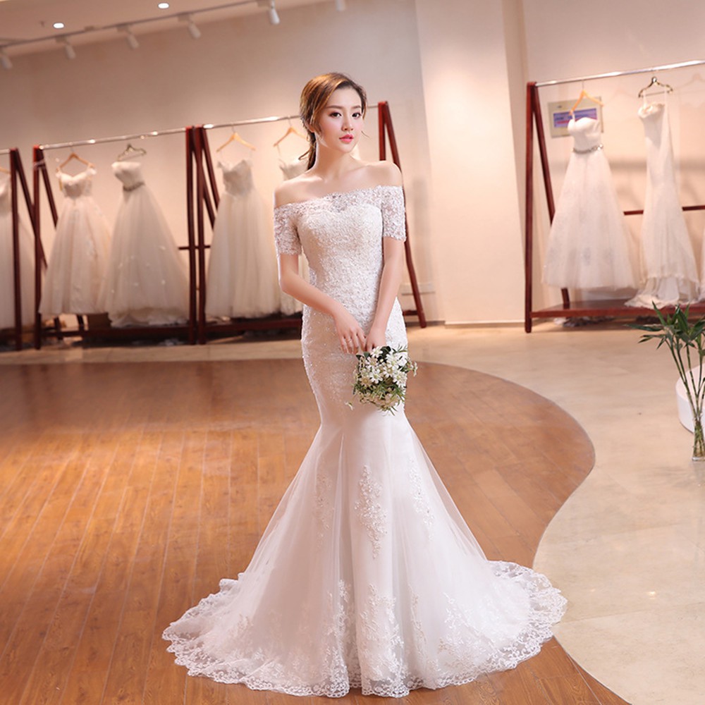 Putih Sabrina Mermaid Wedding Dress Gaun Pengantin Renda Putri Duyung Fishtail Wedding Dress