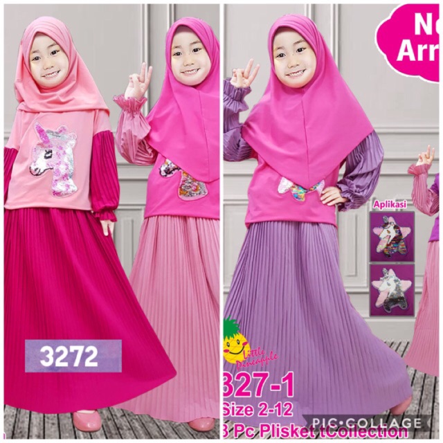 SET UNICORN SQUIN USAP 3271/3272 ROK PLISKET + JILBAB sz 3-8 thn merk Little Pineapple