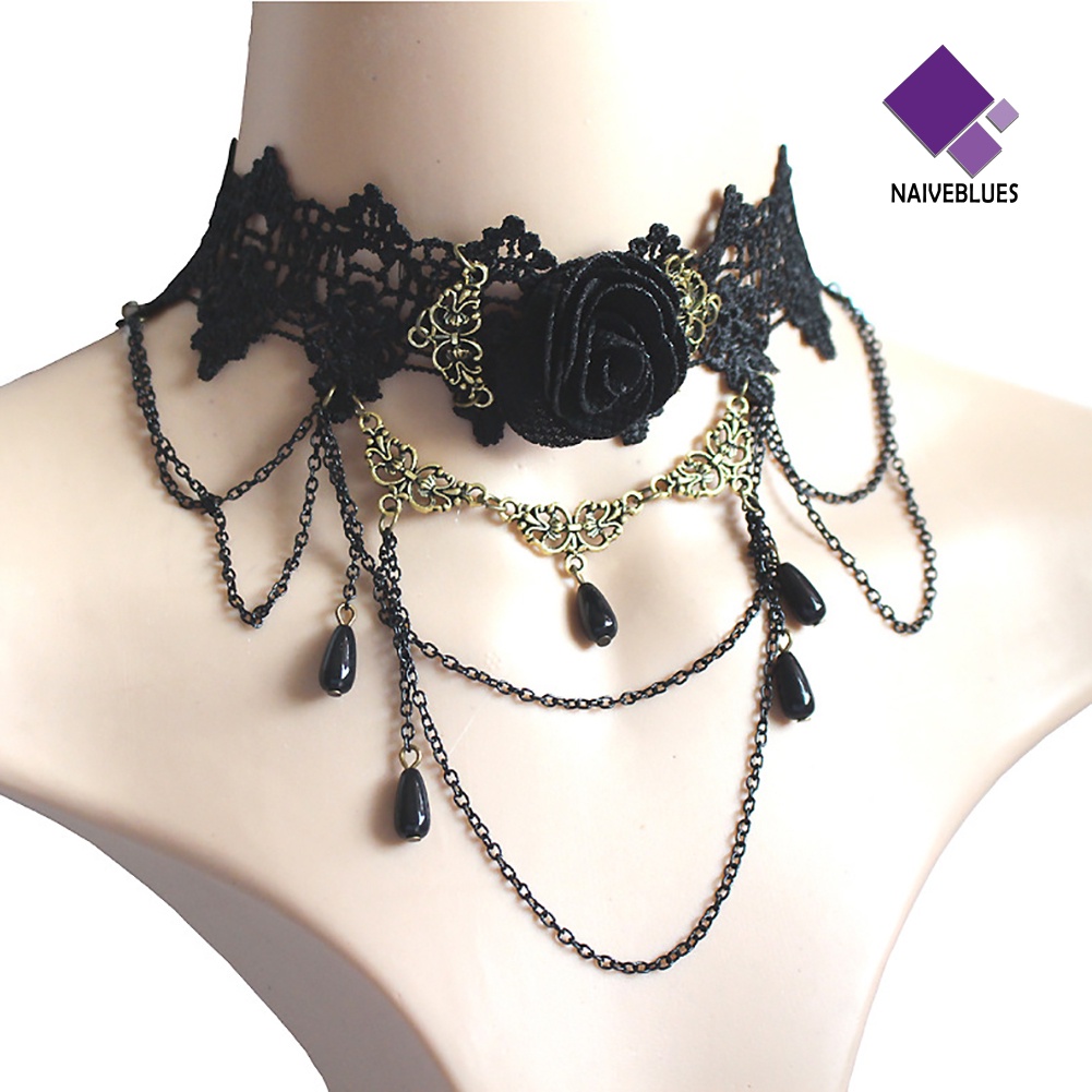 Kalung Choker Rantai Liontin Bunga Mawar Bahan Lace Untuk Wanita