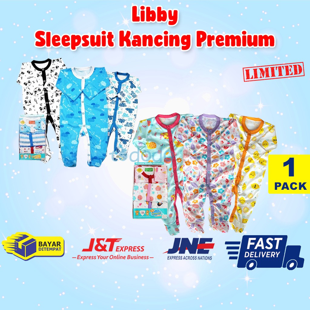 Baju Tidur Bayi Sleepsuit Jumper Piyama Anak Laki Laki Perempuan 0-9 Bulan Libby Sleepsuit Kancing Premium