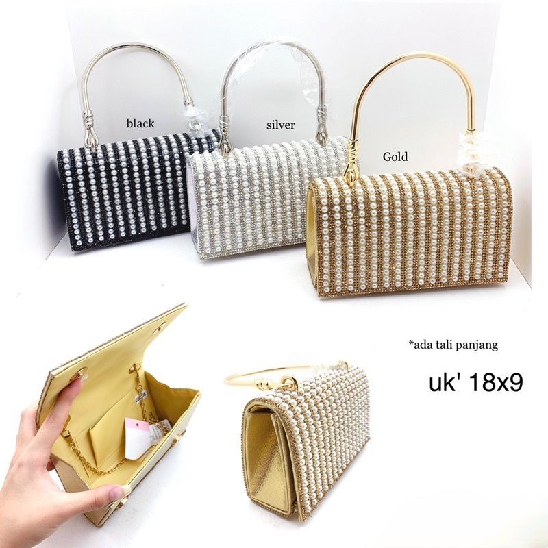 tas pesta mutiara pearl beads beaded stud cantik hand bag pesta kebaya gaun maxi long dress slit sim
