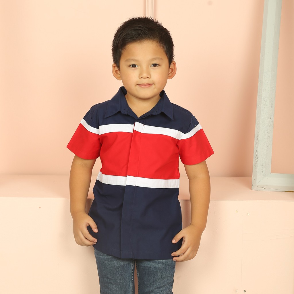 Nywan Apparel Kemeja anak laki biru dongker dan merah Anak 192111 katun twill tebal tidak panas