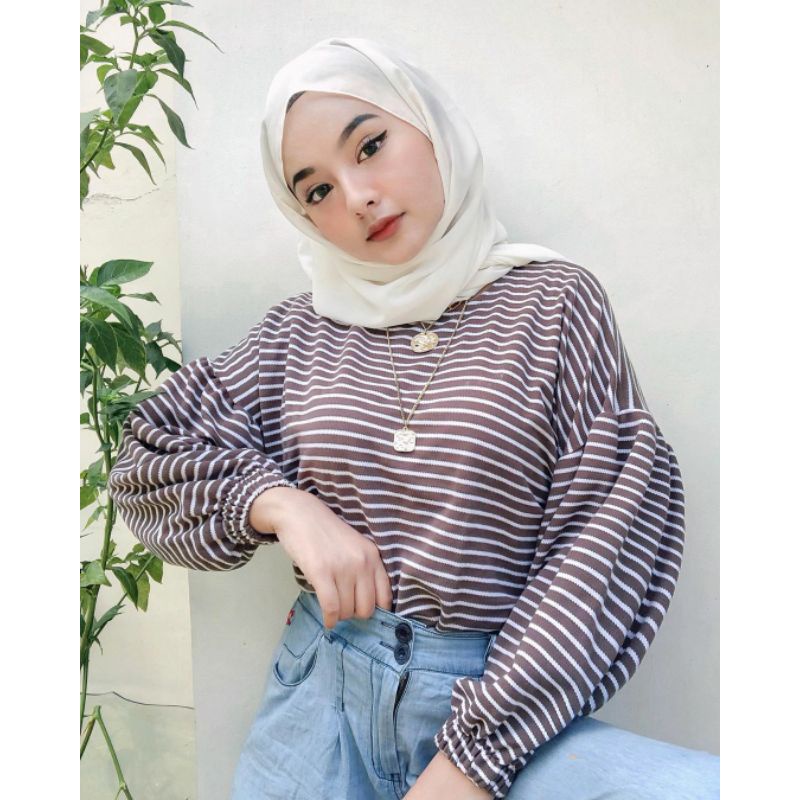 Mybamus Ballon Stripe Blouse / Blouse Lengan Balon Strip Wanita