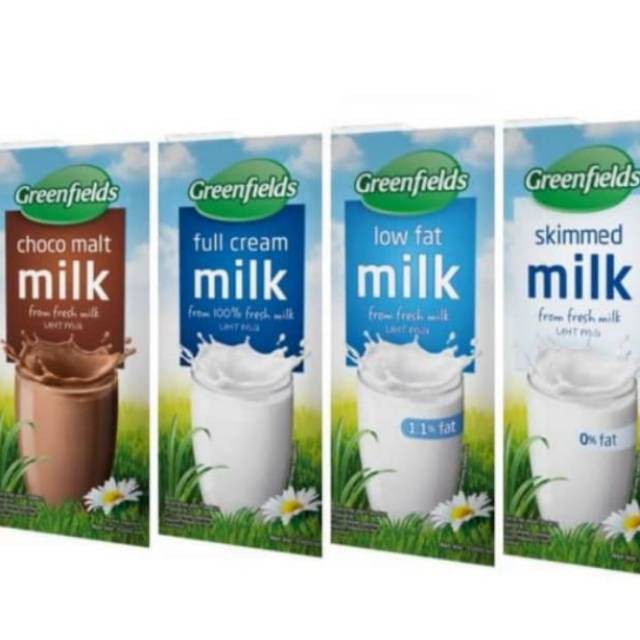 

Susu Greenfields UHT 1000 ml Full cream, Chocomalt, Low-Fat & Skimmed