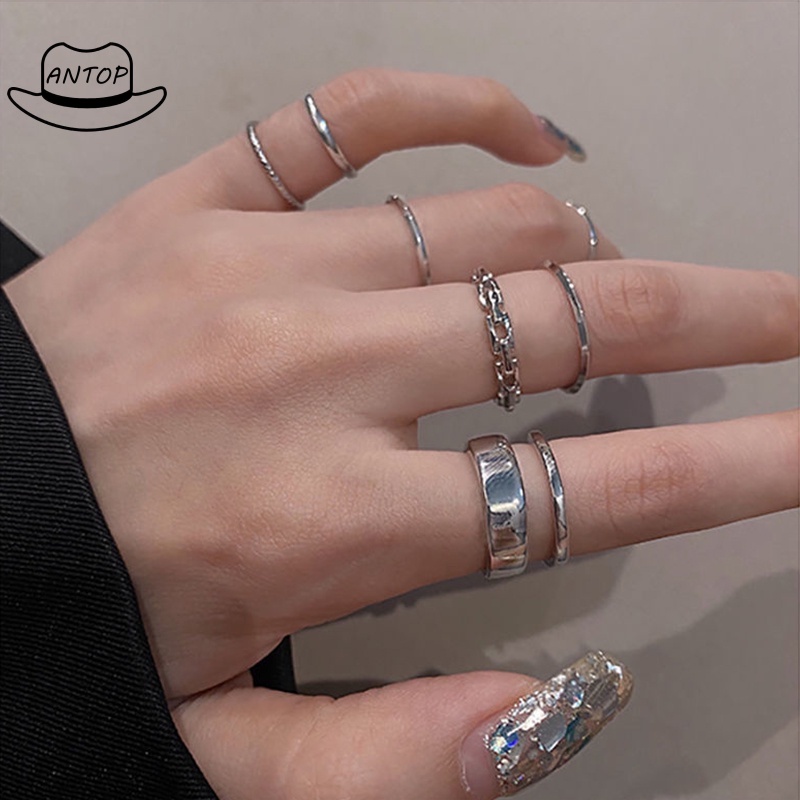 7pcs / Set Cincin Rantai Emas Model Terbuka Gaya Retro Korea Untuk Aksesoris Perhiasan ANTOP