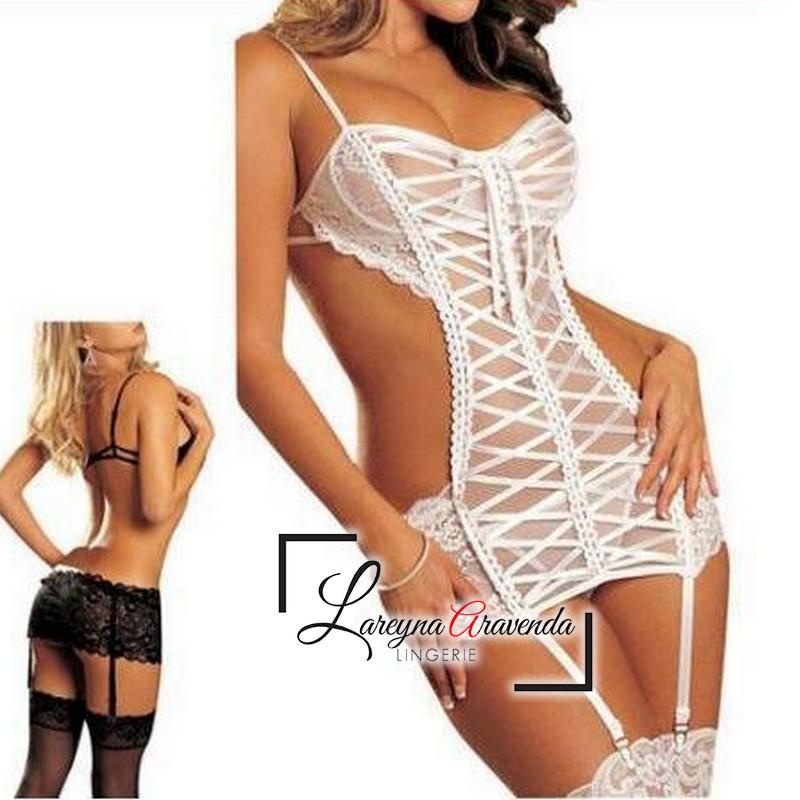 Set Lingerie + G String Seksi Model Lace Cross Bodysuit LG159