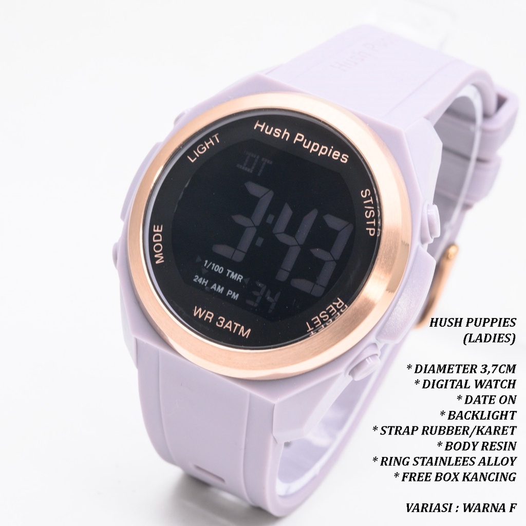 (FREE BOX) JAM TANGAN WANITA/CEWEK HUSH PUPPIES TALI RUBBER BODY RESIN BACKLIGHT TANGGAL AKTIF