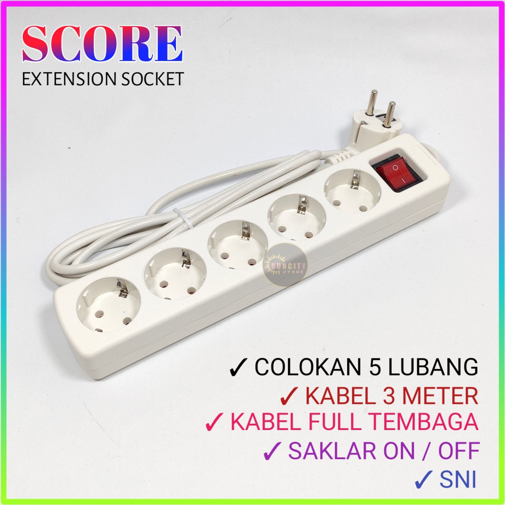 Score Stop Kontak 5 Lubang + Kabel 1.5M , 3M , 5M / Extension Socket Dengan Saklar ON/OFF