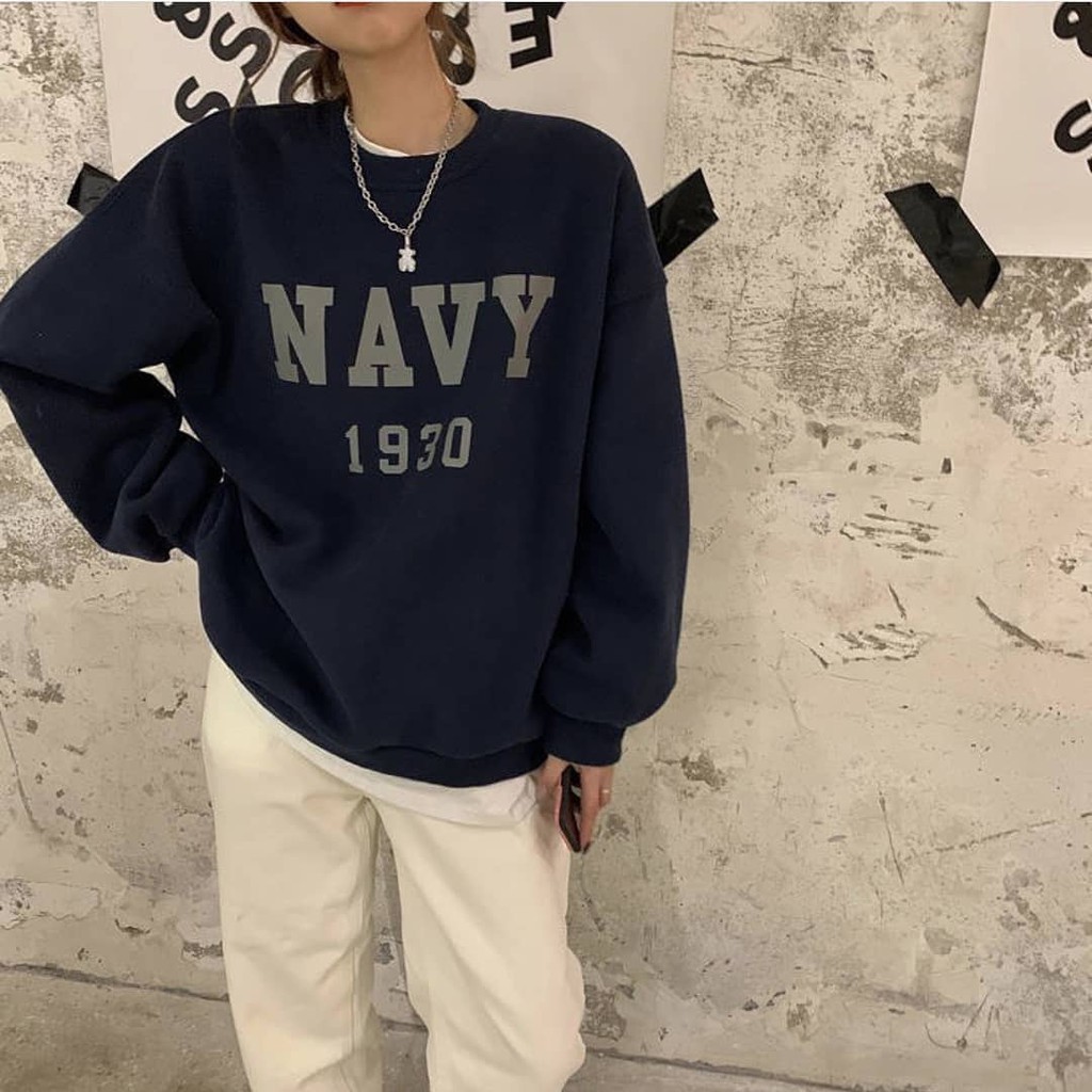 Navy 1930 Sweater Crewneck - Allsize - Bahan Fleece tebal dan lembut - Outfit Wanita Dan Pria