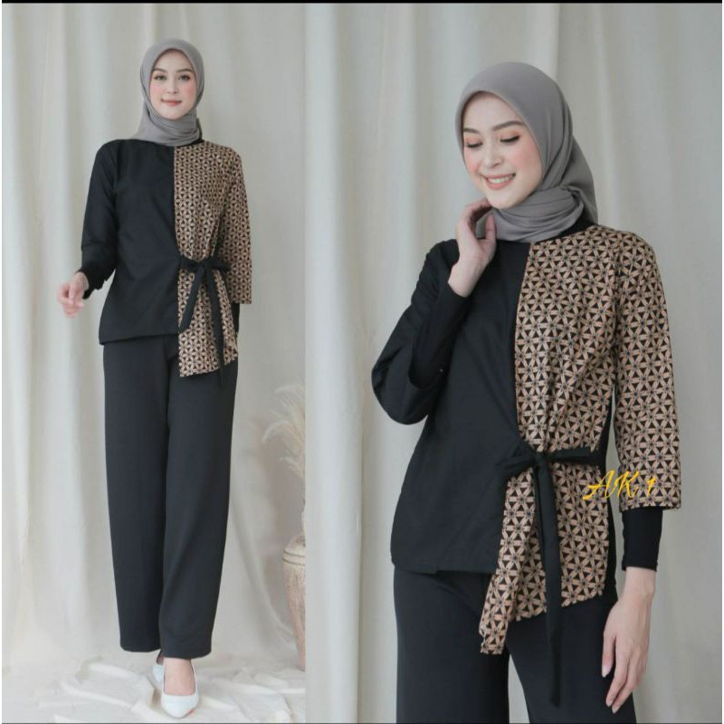 Batik wanita ASJ SA HRB026 Kenongo Kemeja Tosca Pendek-2. hitam bintang
