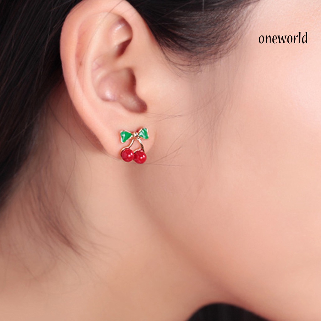 OW# 2Pcs Stud Ear Ring Colorful Decorative Golden Color Cherry Stud Earring for Dressing Room