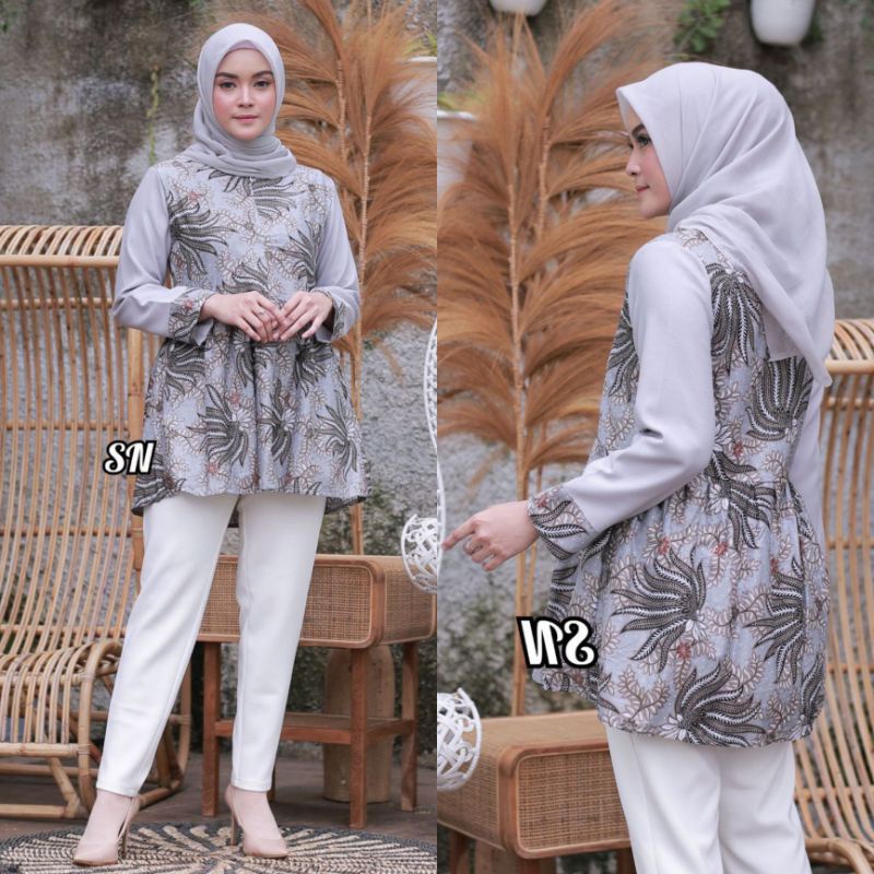 tey-17 Batik wanita ASJ SA HRB026 Kenongo Kemeja Tosca Pendek-Sonia abu