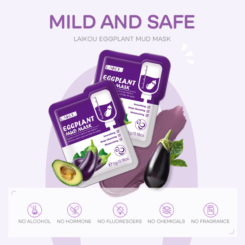 LAIKOU Eggplant Mud Mask Membersihkan Komedo Kontrol Minyak Melembutkan Kulit 5g