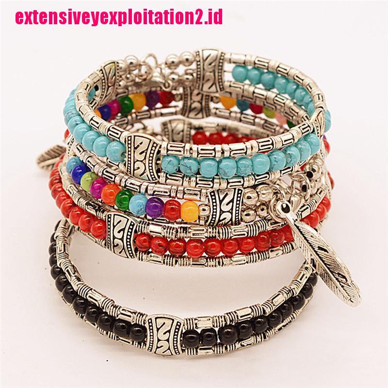 &lt; E2id &amp; &gt; Gelang Tangan Silver Gaya Vintage Bohemia Tibet Motif Bulu + Batu Turquoise Untuk Wanita