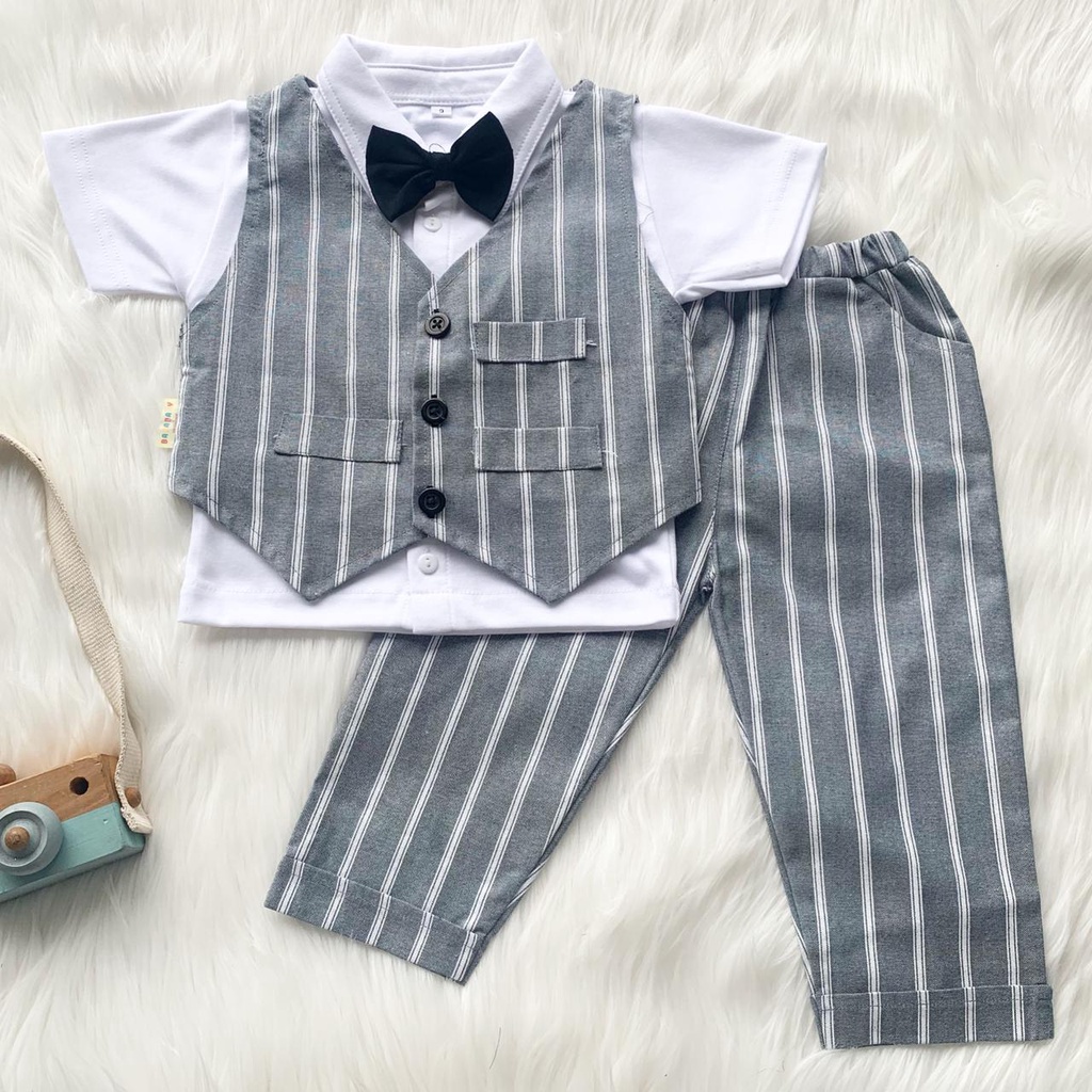 RAFFABY SECRET'S Set Baby Tuxedo Celana Panjang | Setelan Anak Laki laki | Baju Anak 1-7 Tahun-Abu Tua Stripe