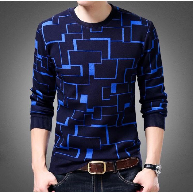 baju kaos abstrak kotak kotak lengan panjang pria terbaru kerah bulat cotton combed slim/formal