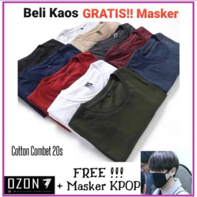 Baju kaos polos REAL COTTON COMBET 24s GRATIS MASKER Kain Wajah Hitam Polos KPOK import