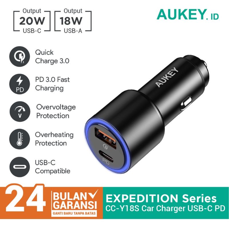 Aukey Expedition CC-Y18S Car Charger USB-C PD  GARANSI 2 TAHUN