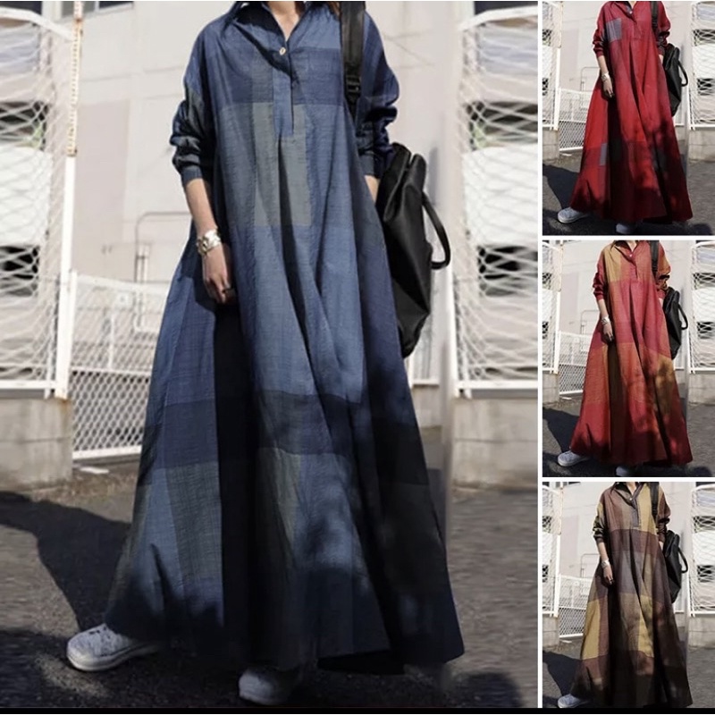 Dress import panjang Wanita kasual kotak-kotak