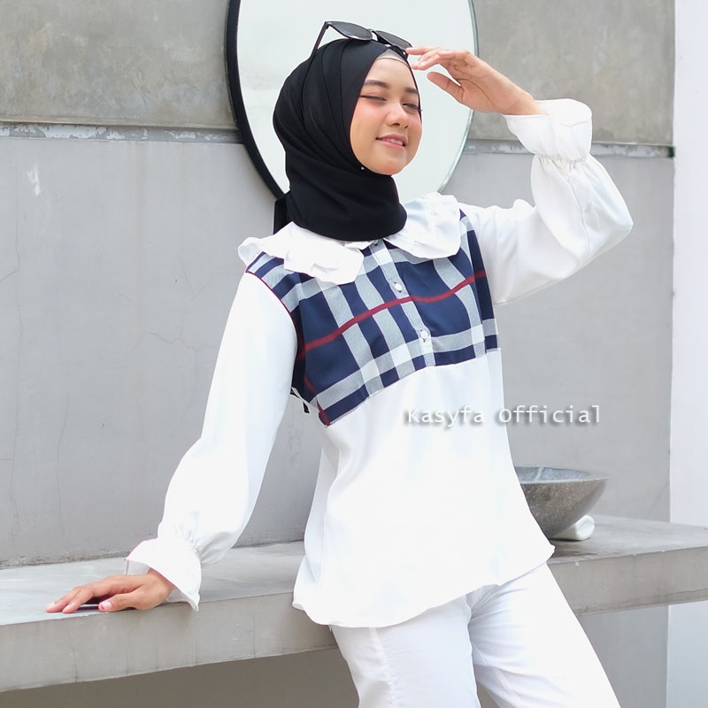 YUNA TOP BLOUSE // BLOUSE POLOS MIX TARTAN KOTAK BESAR