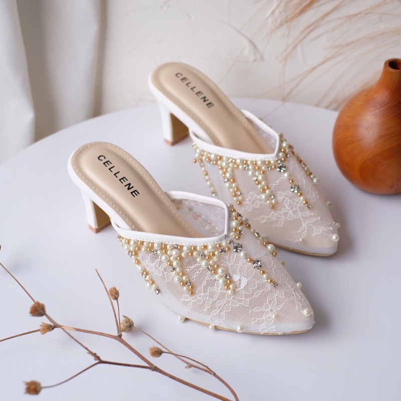 𝗖𝗘𝗟𝗟𝗘𝗡𝗘 Irisha Beads Heels (7CM) 2 warna / wedding shoes payet brukat